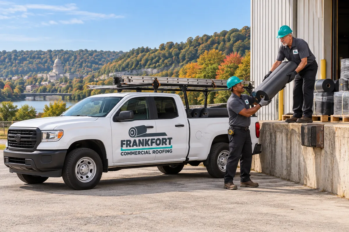 Commercial roofing work truck staged beside a low-slope building