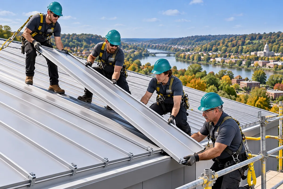 Roofer fastening standing seam metal panels on a commercial building